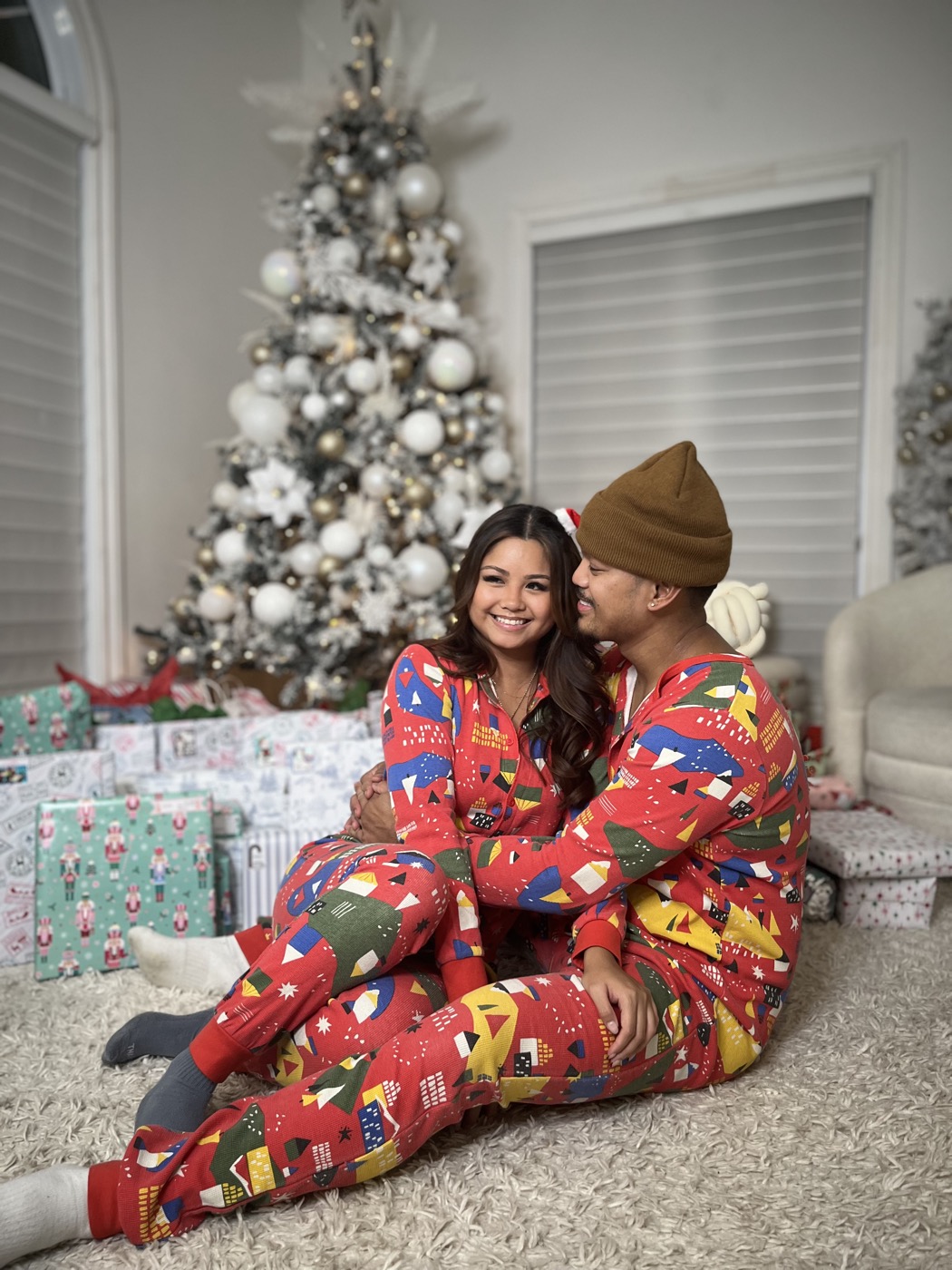 Philip and Kaitlin in matching Christmas pajamas