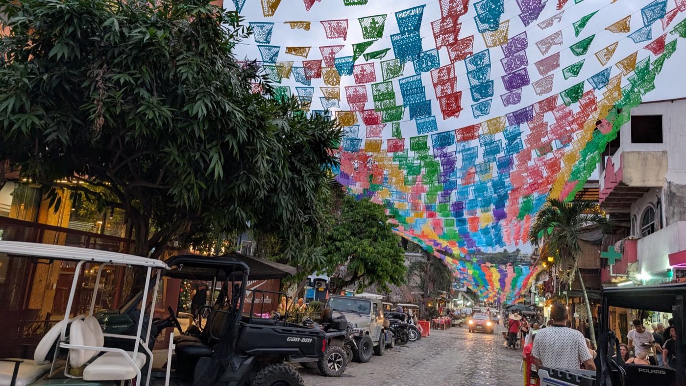 Sayulita street with colorful flags